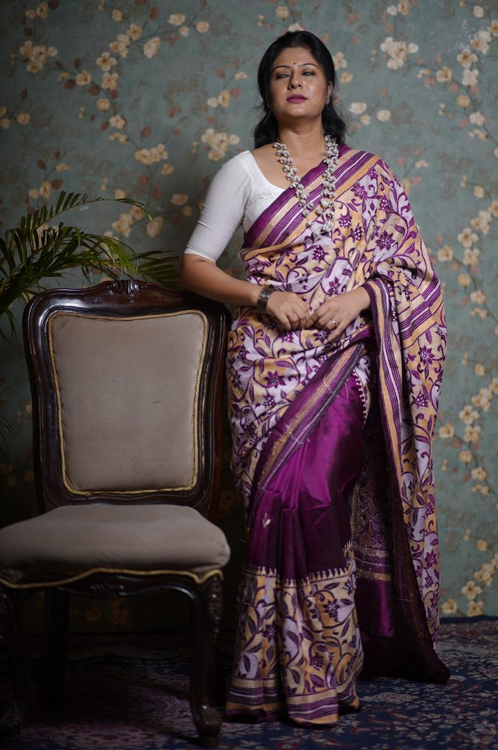 Exotic Reverse Kantha Hand Embroidery on Pure Silk in Plum Saree | SILK MARK CERTIFIED