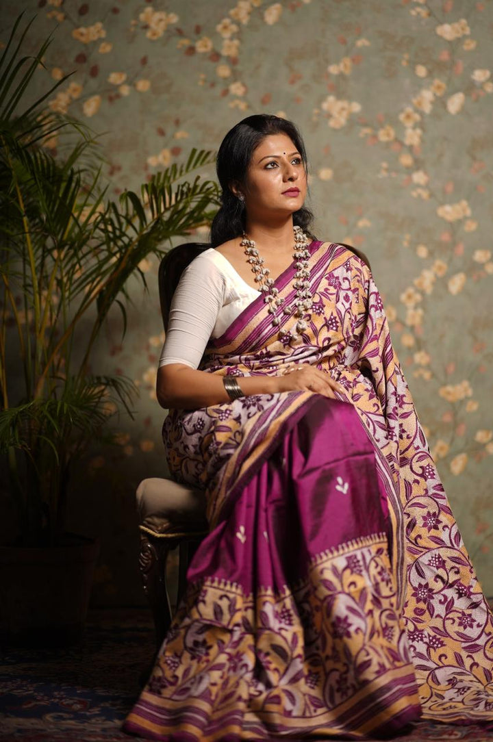 Exotic Reverse Kantha Hand Embroidery on Pure Silk in Plum Saree | SILK MARK CERTIFIED