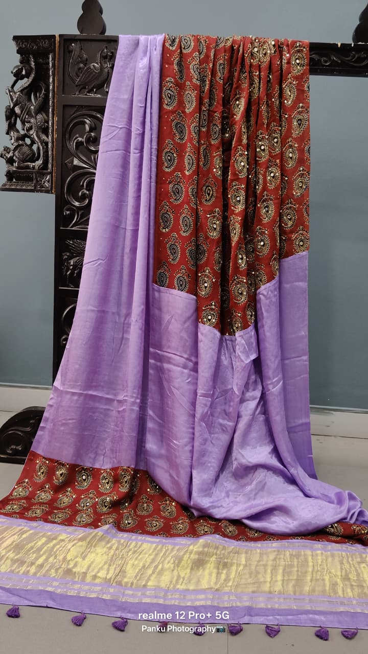 Lavender-Maroon Ajrakh Patli Pallu Modal Silk Saree with Cutdana, Sequins, Mirror Hand Work and Lagda Patta Tissue Pallu | SHOBITAM