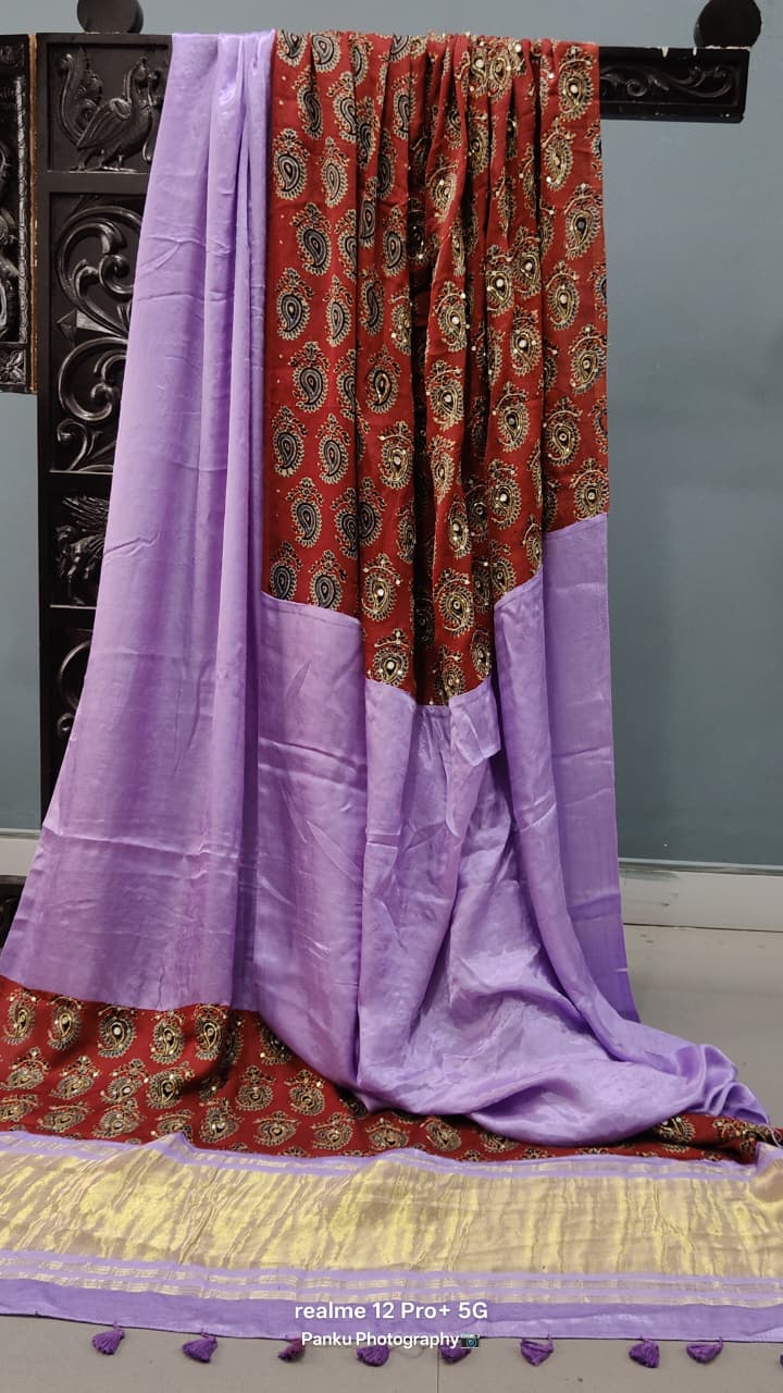 Lavender-Maroon Ajrakh Patli Pallu Modal Silk Saree with Cutdana, Sequins, Mirror Hand Work and Lagda Patta Tissue Pallu | SHOBITAM