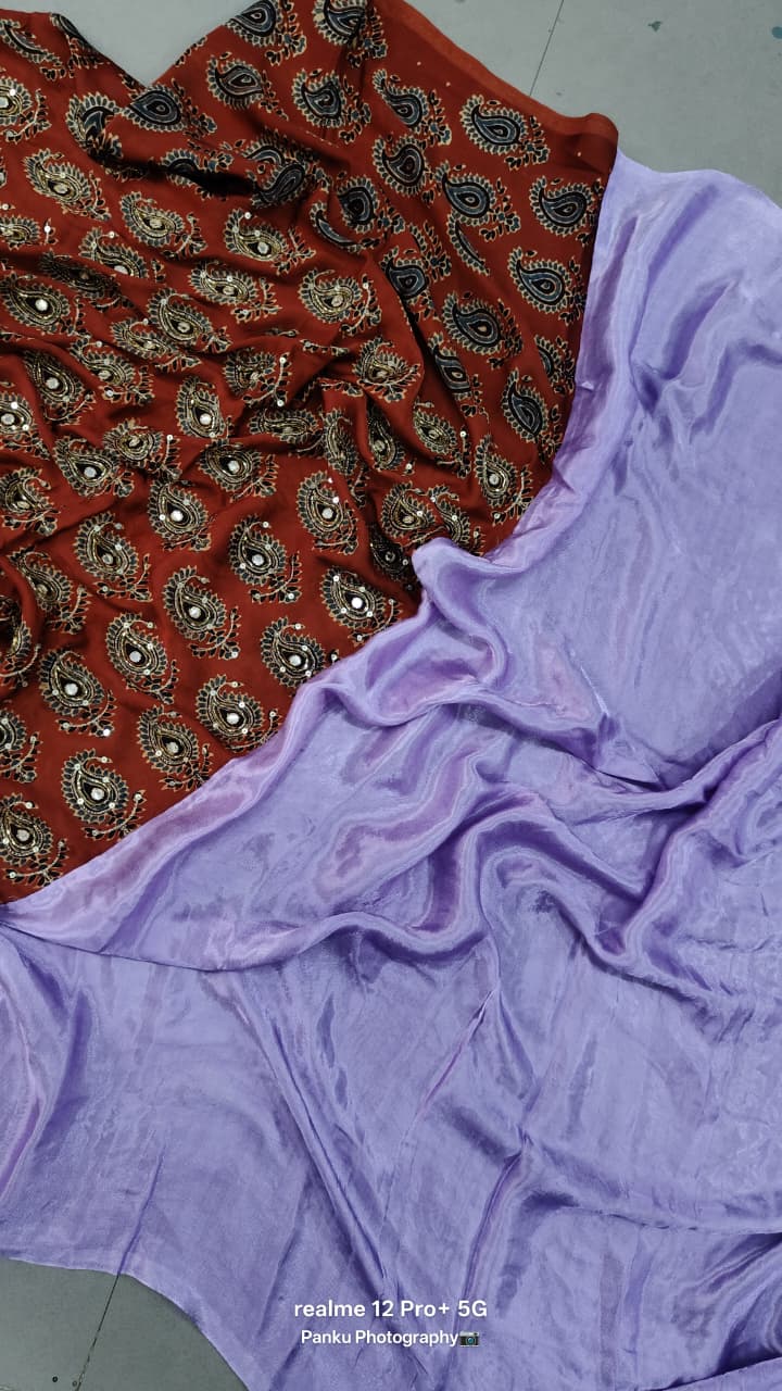 Lavender-Maroon Ajrakh Patli Pallu Modal Silk Saree with Cutdana, Sequins, Mirror Hand Work and Lagda Patta Tissue Pallu | SHOBITAM