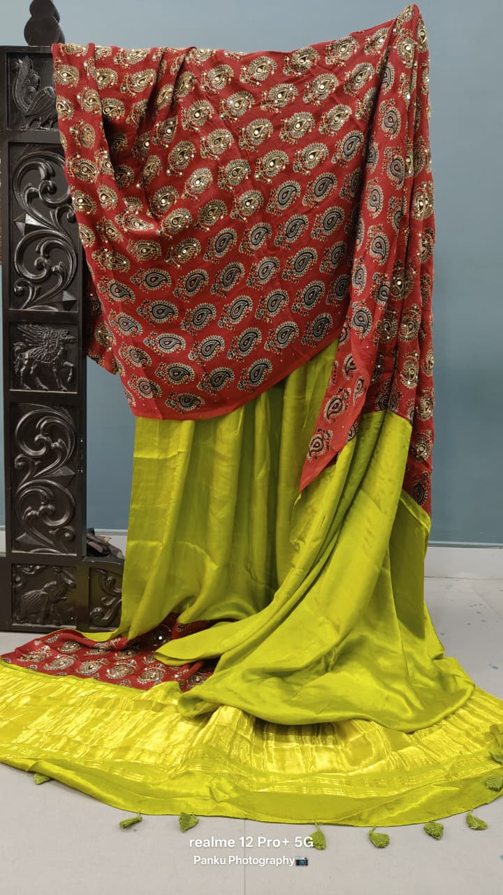 Chartreuse-Maroon Ajrakh Block Print Half and Half Modal Silk Saree with Cutdana, Sequins, Mirror Hand Work and Lagda Patta Tissue Pallu | SHOBITAM