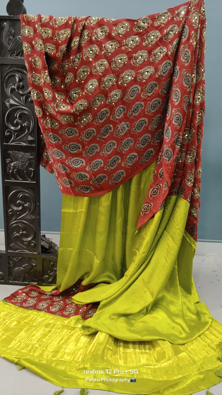 Chartreuse-Maroon Ajrakh Block Print Half and Half Modal Silk Saree with Cutdana, Sequins, Mirror Hand Work and Lagda Patta Tissue Pallu | SHOBITAM
