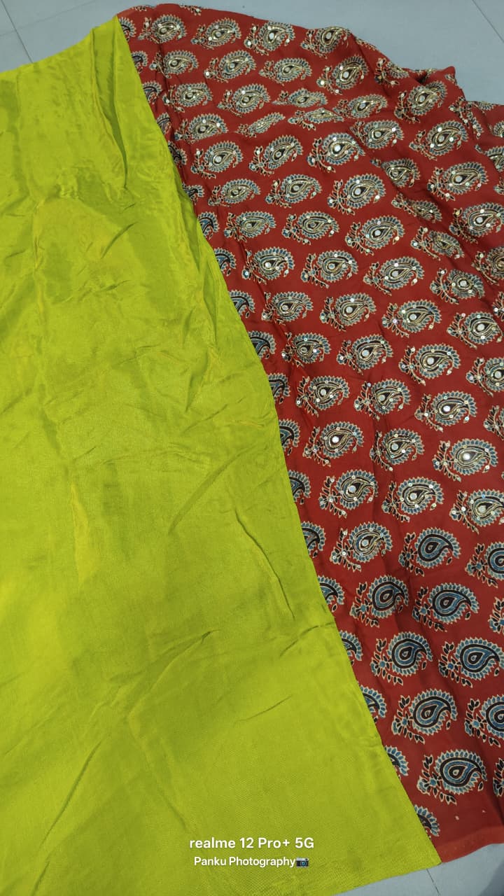Chartreuse-Maroon Ajrakh Block Print Half and Half Modal Silk Saree with Cutdana, Sequins, Mirror Hand Work and Lagda Patta Tissue Pallu | SHOBITAM