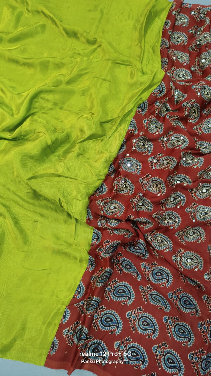 Chartreuse-Maroon Ajrakh Block Print Half and Half Modal Silk Saree with Cutdana, Sequins, Mirror Hand Work and Lagda Patta Tissue Pallu | SHOBITAM