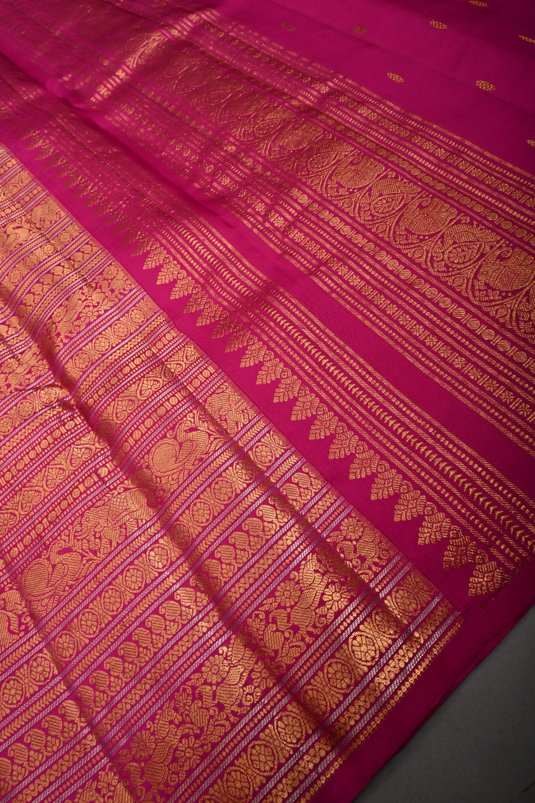 Rani Pink Pure Gadwal Silk Saree with Ornate and Vanasingaram Gold-Silver Zari Stipes Brocade | SILK MARK CERTIFIED