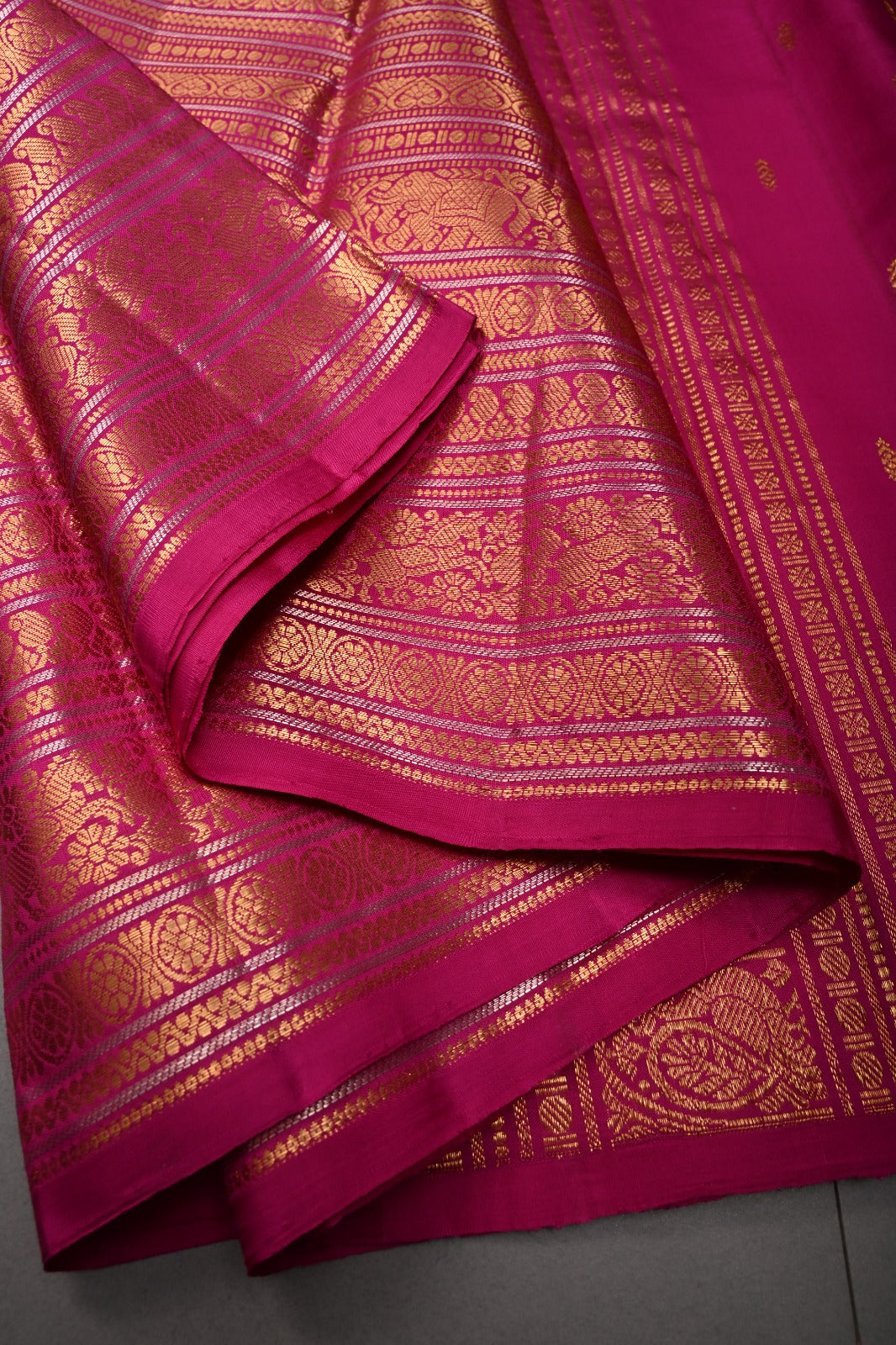 Rani Pink Pure Gadwal Silk Saree with Ornate and Vanasingaram Gold-Silver Zari Stipes Brocade | SILK MARK CERTIFIED