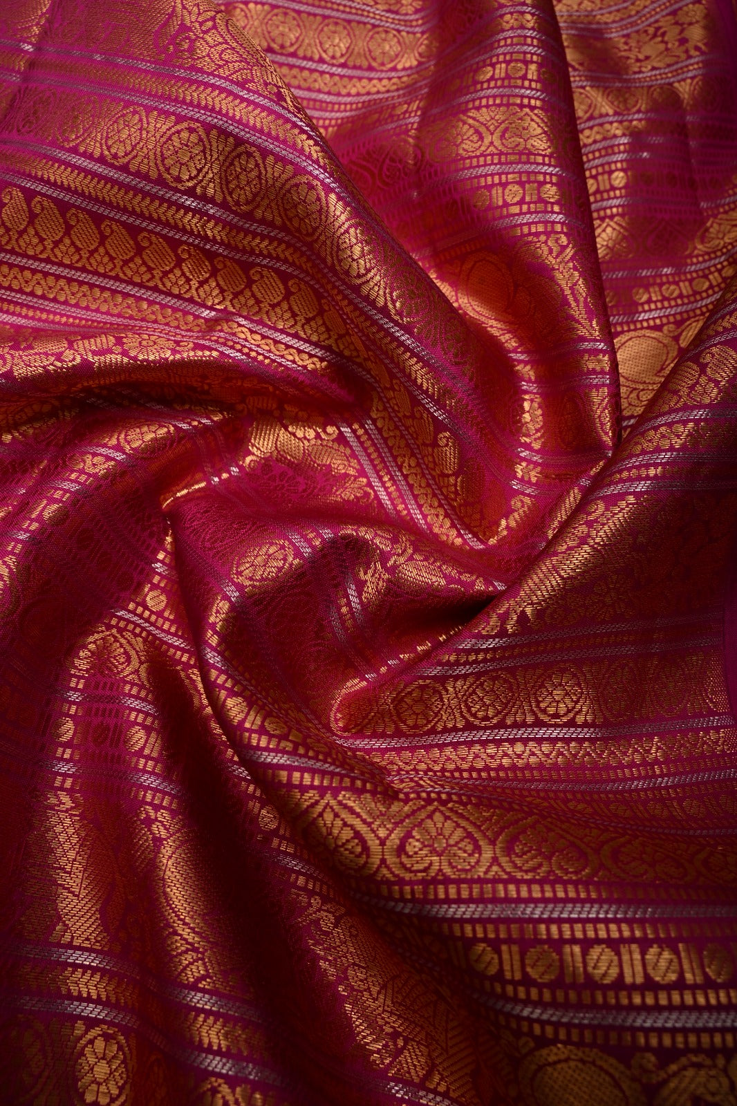 Rani Pink Pure Gadwal Silk Saree with Ornate and Vanasingaram Gold-Silver Zari Stipes Brocade | SILK MARK CERTIFIED