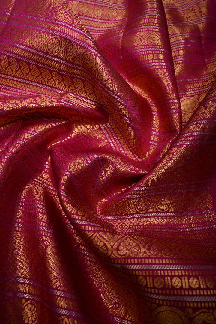 Rani Pink Pure Gadwal Silk Saree with Ornate and Vanasingaram Gold-Silver Zari Stipes Brocade | SILK MARK CERTIFIED