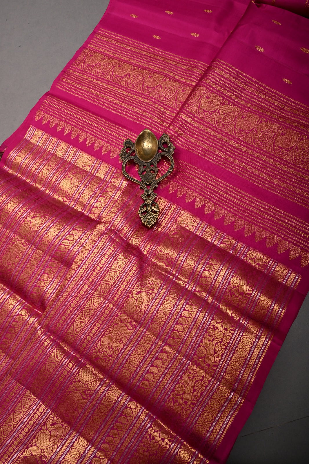 Rani Pink Pure Gadwal Silk Saree with Ornate and Vanasingaram Gold-Silver Zari Stipes Brocade | SILK MARK CERTIFIED