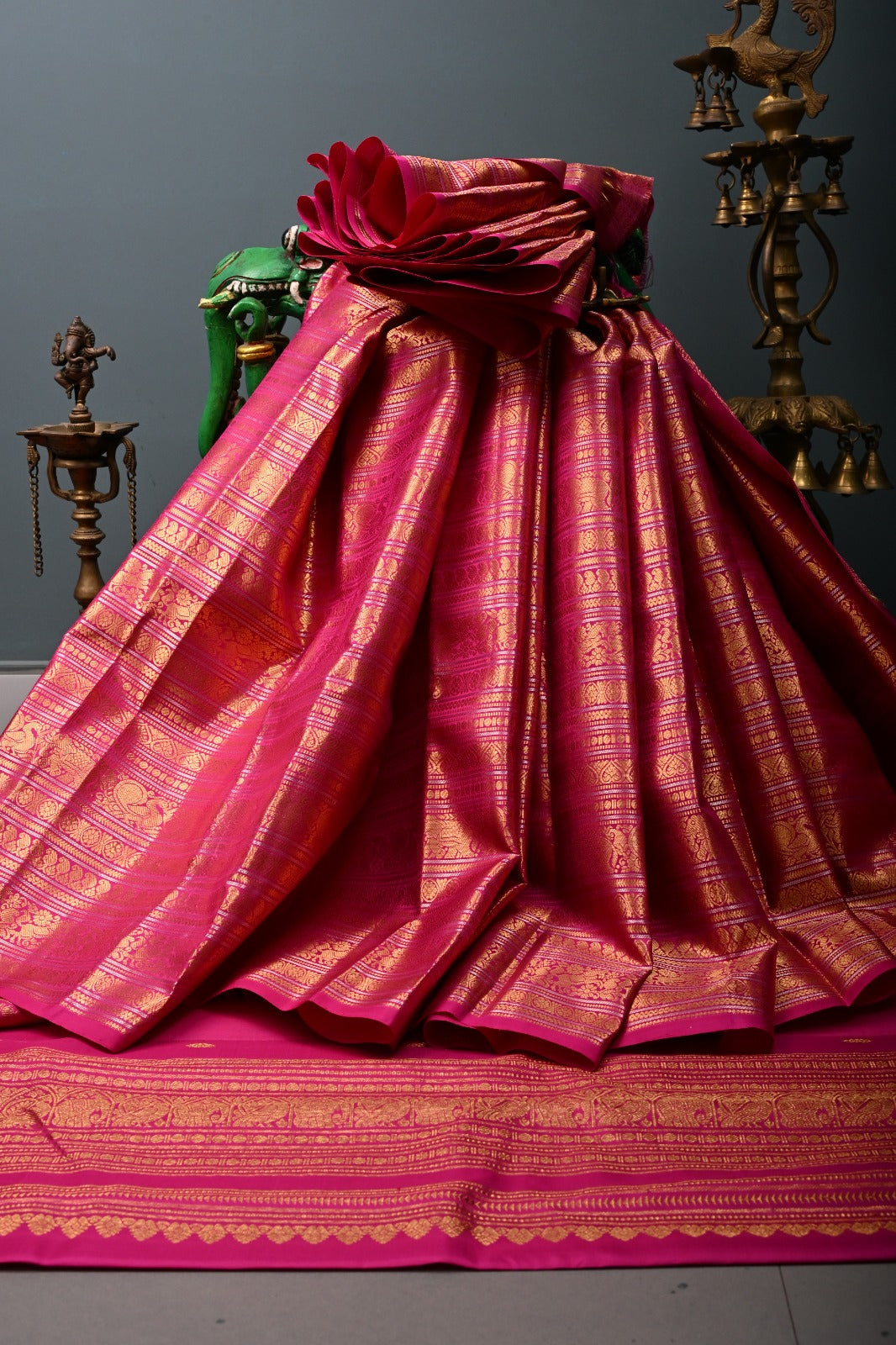 Rani Pink Pure Gadwal Silk Saree with Ornate and Vanasingaram Gold-Silver Zari Stipes Brocade | SILK MARK CERTIFIED