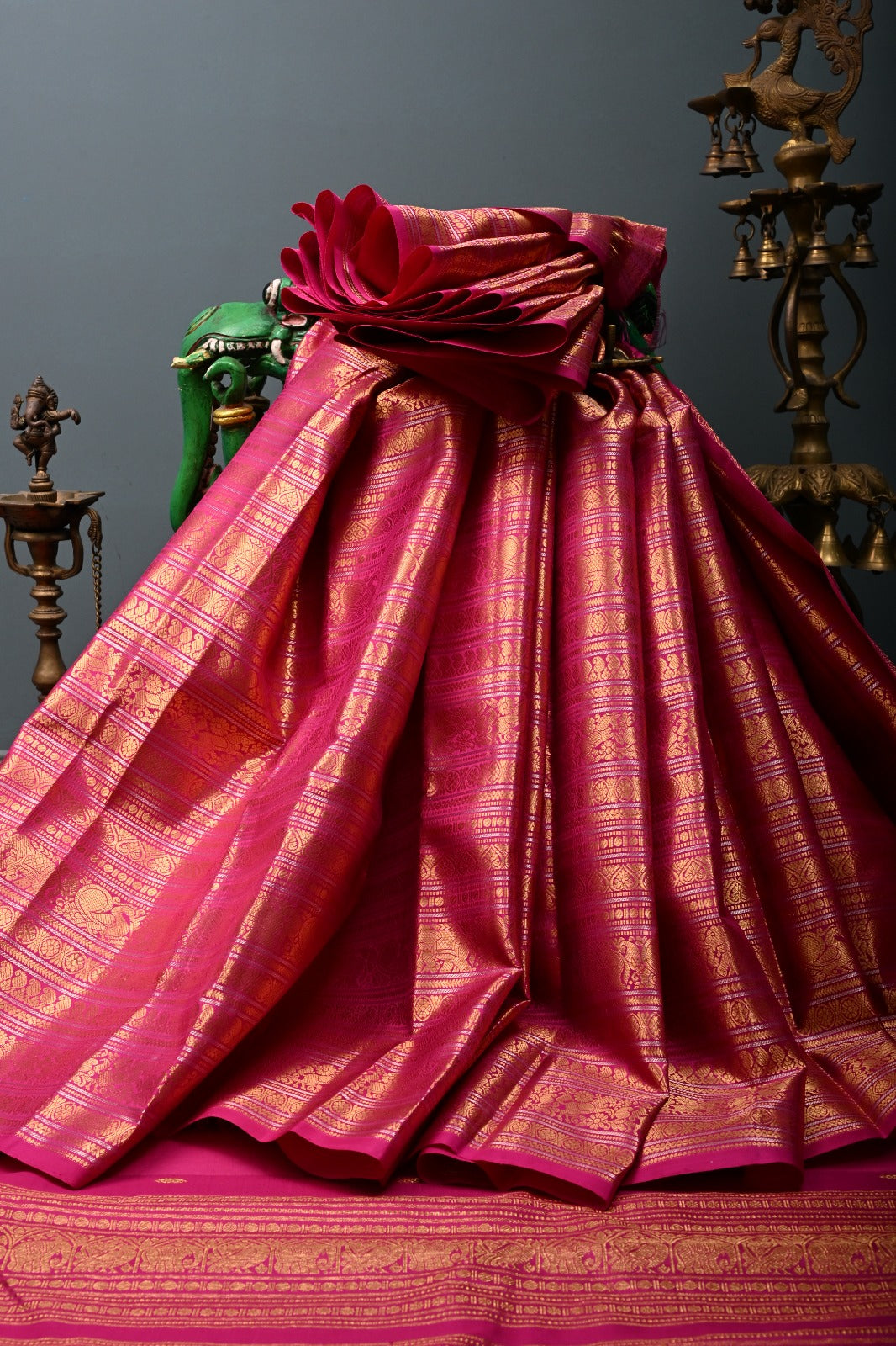 Rani Pink Pure Gadwal Silk Saree with Ornate and Vanasingaram Gold-Silver Zari Stipes Brocade | SILK MARK CERTIFIED