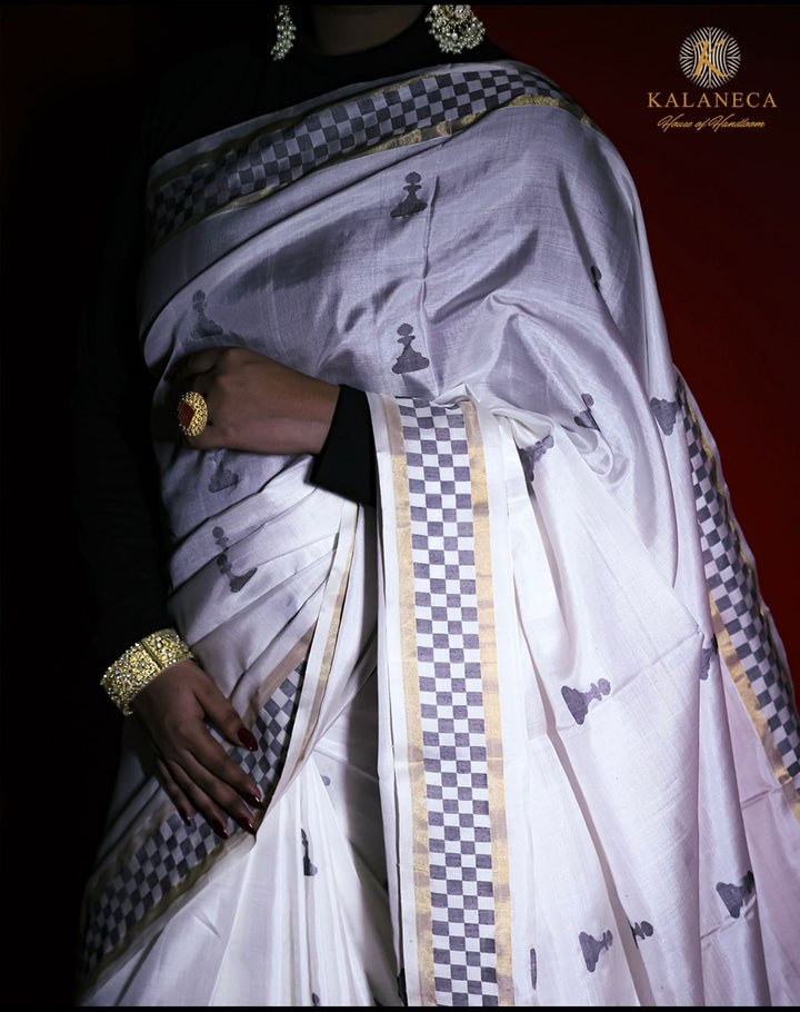 Queen's Gambit Royal Handwoven Jamdani Silk Saree - White | SILK MARK CERTIFIED | SHOBITAM