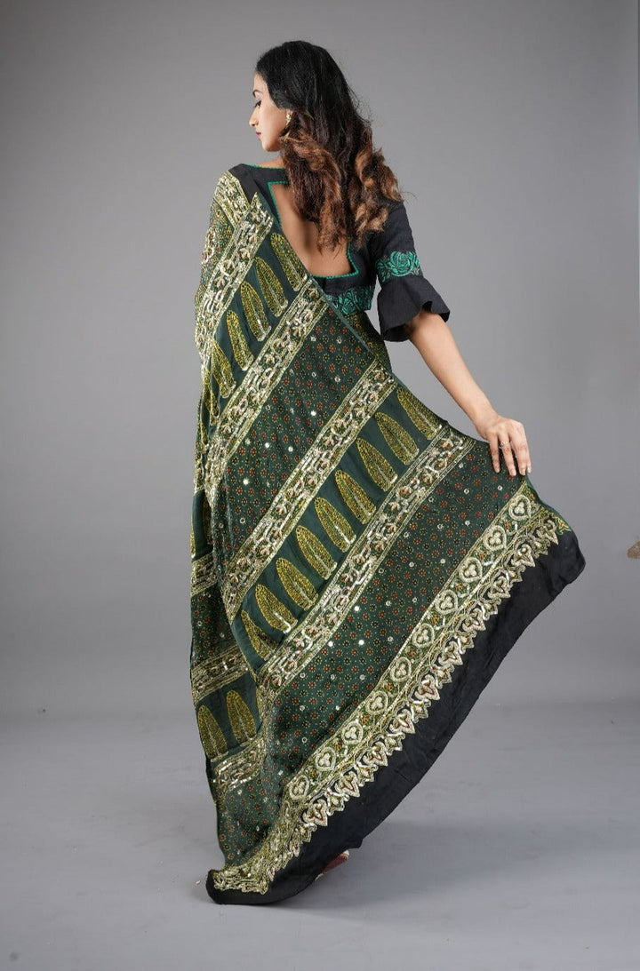 Ajrakh Hand Block Print on Green Modal Silk Saree with mirror and sequins Hand embroidery