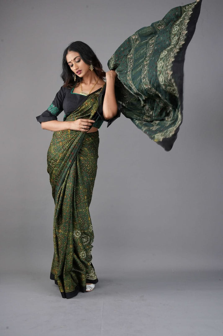 Ajrakh Hand Block Print on Green Modal Silk Saree with mirror and sequins Hand embroidery