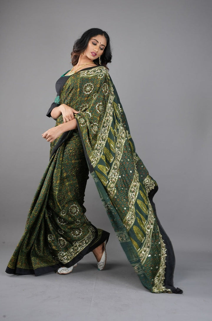 Ajrakh Hand Block Print on Green Modal Silk Saree with mirror and sequins Hand embroidery