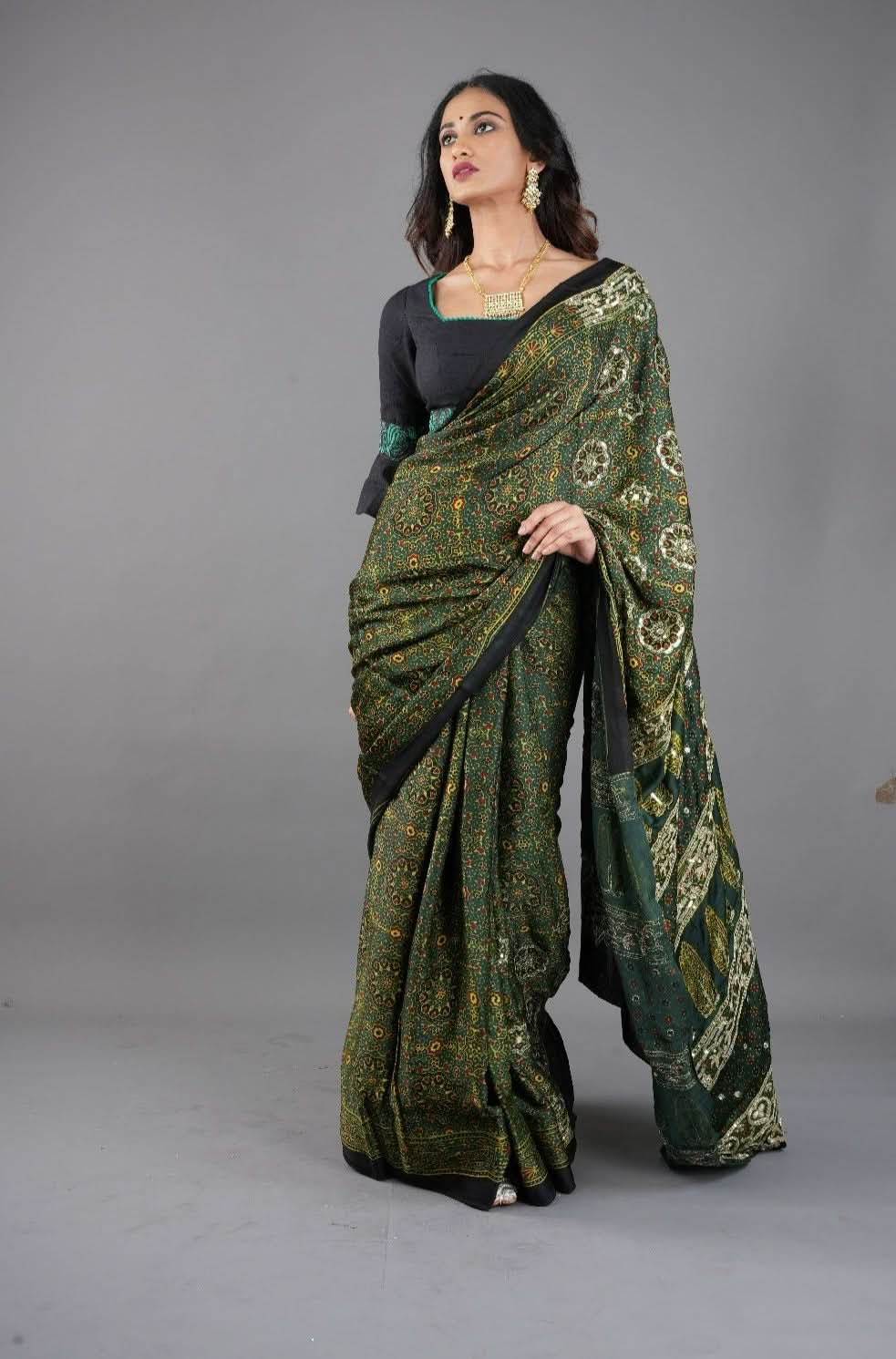 Ajrakh Hand Block Print on Green Modal Silk Saree with mirror and sequins Hand embroidery