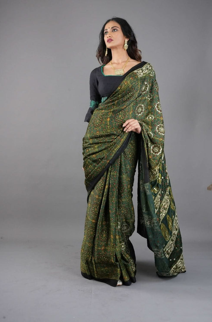 Ajrakh Hand Block Print on Green Modal Silk Saree with mirror and sequins Hand embroidery
