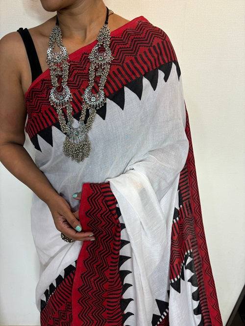 Full Moon- Designer White Handloom Cotton Saree | SHOBITAM