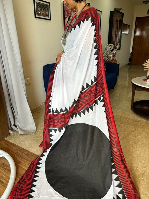 Full Moon- Designer White Handloom Cotton Saree | SHOBITAM