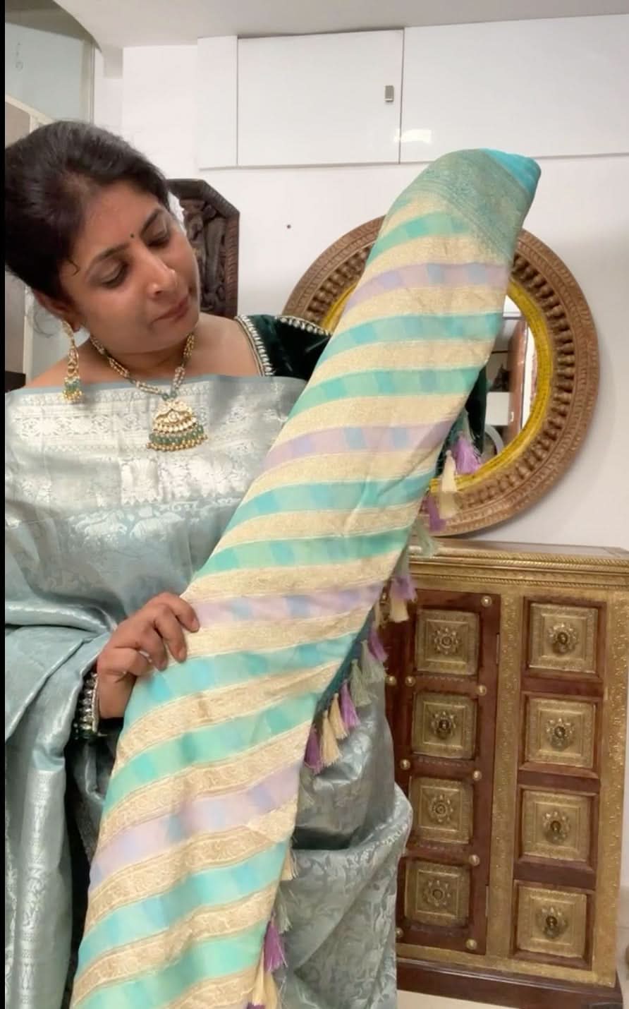 Hand Brush Dye on Pure Silk Georgette Saree with Leheria Antique Zari Jaal  | SILK MARK CERTIFIED