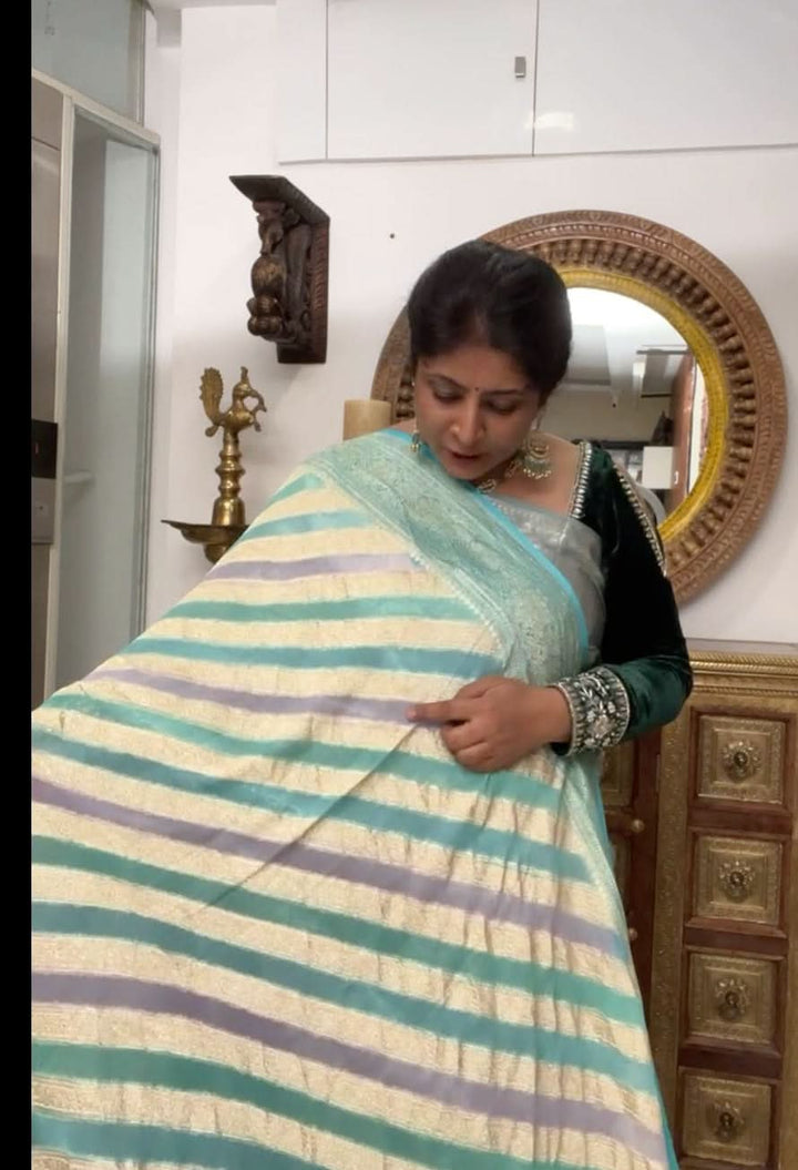 Hand Brush Dye on Pure Silk Georgette Saree with Leheria Antique Zari Jaal  | SILK MARK CERTIFIED