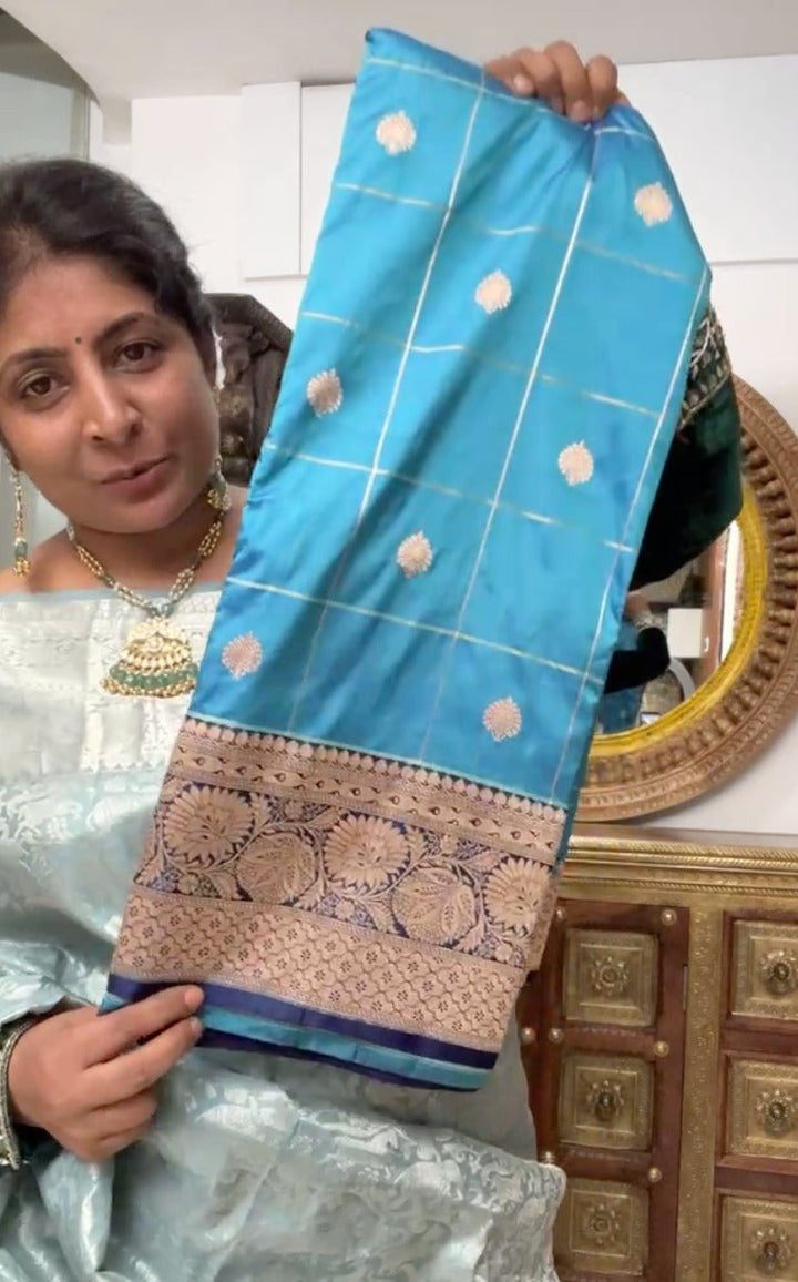 Cyan Blue and Green dual tone Banarasi Katan silk saree with Checks and Buttas | SILK MARK CERTIFIED