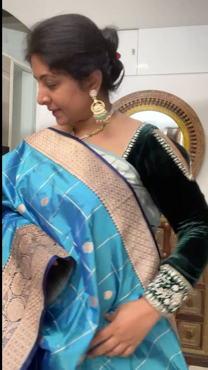 Cyan Blue and Green dual tone Banarasi Katan silk saree with Checks and Buttas | SILK MARK CERTIFIED