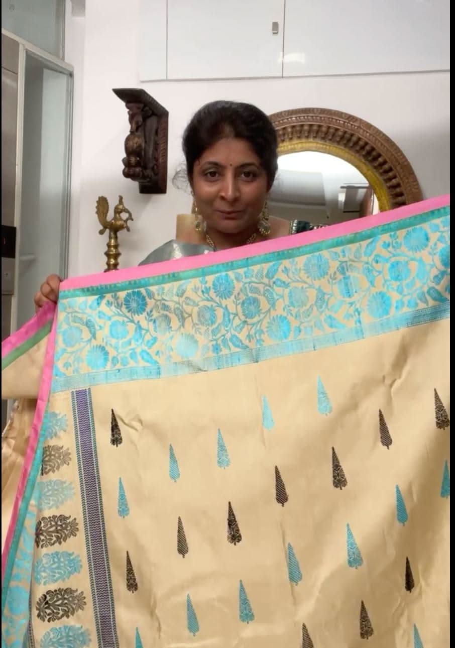 Stunning Beige Pure Gadwal Silk Saree with Thread Buttas and Contrast Bluish  Border | SILK MARK CERTIFIED