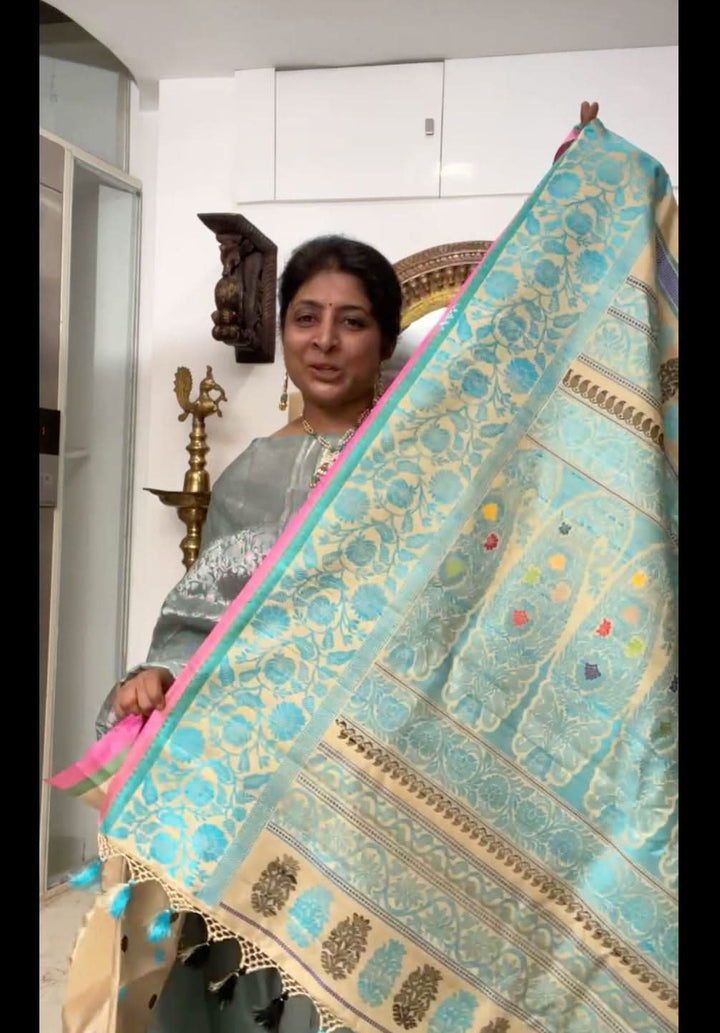 Stunning Beige Pure Gadwal Silk Saree with Thread Buttas and Contrast Bluish  Border | SILK MARK CERTIFIED