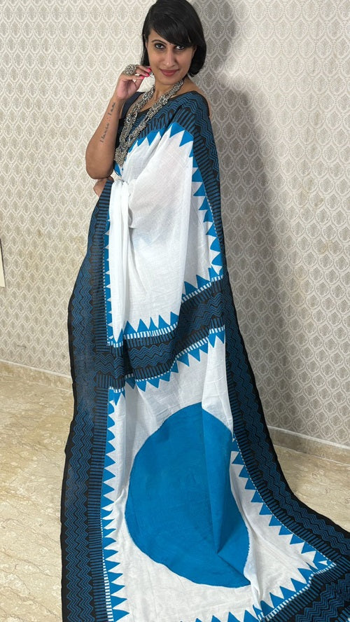 Blue Moon Hand Block Cotton Saree | SHOBITAM