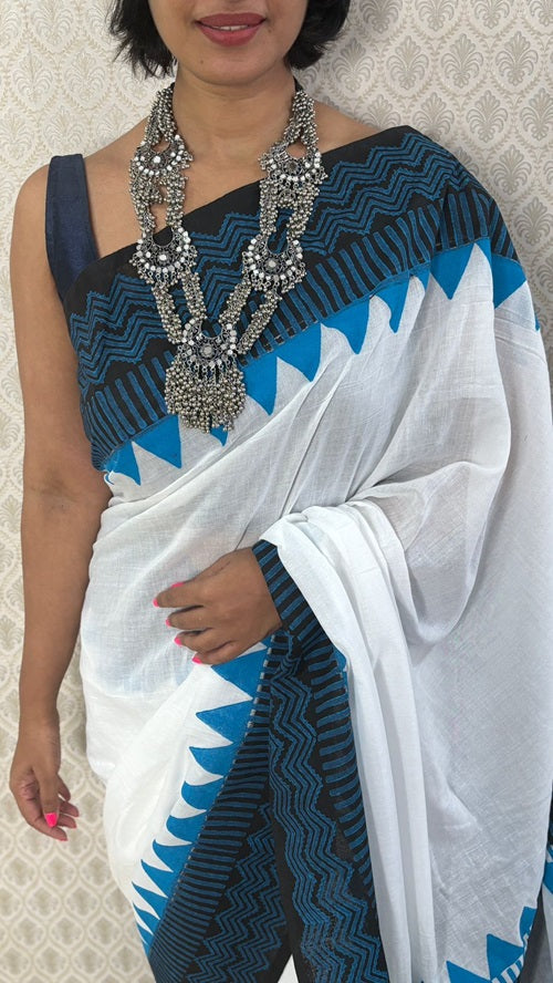 Blue Moon Hand Block Cotton Saree | SHOBITAM