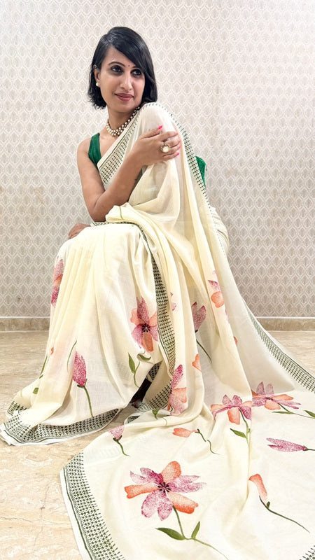 Aura Hand Painted Floral Cotton Saree | SHOBITAM