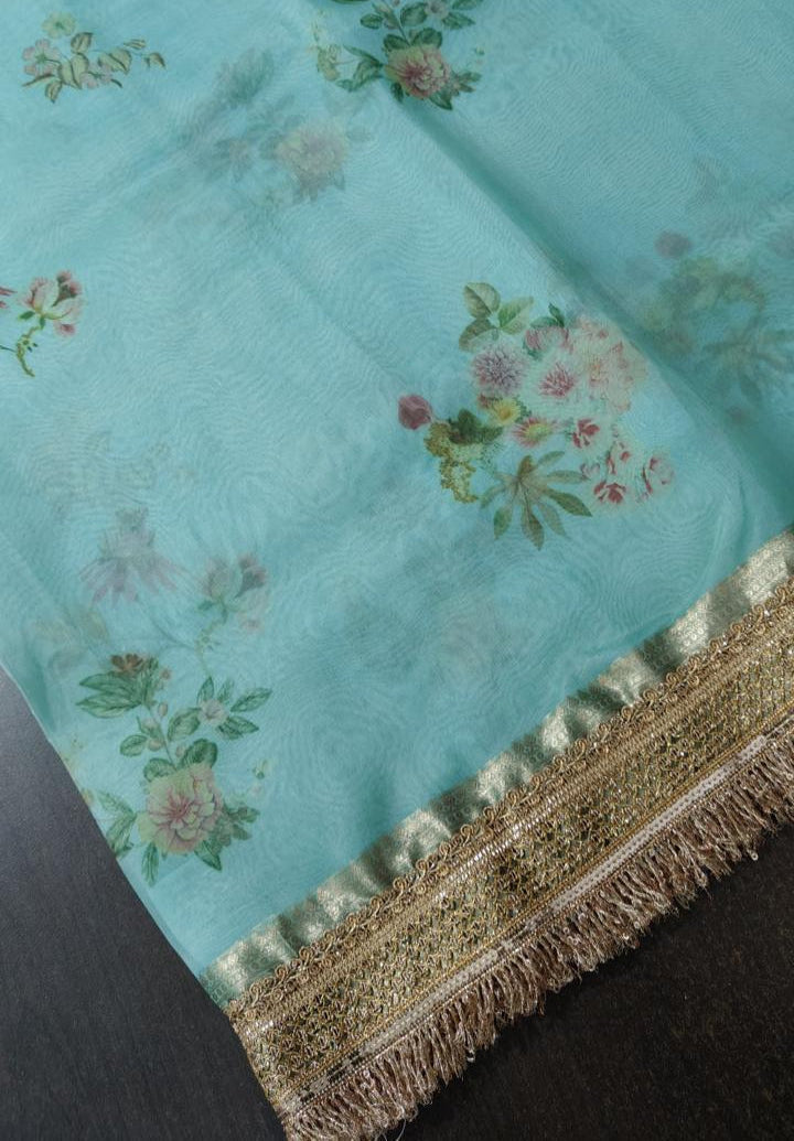 Powder Blue Pure Organza Silk Saree with Floral Digital Print and Lace Trim Border | SILK MARK CERTIFIED