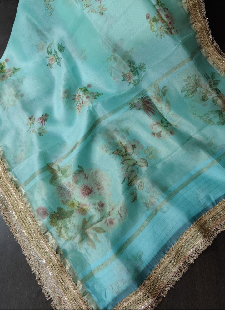Powder Blue Pure Organza Silk Saree with Floral Digital Print and Lace Trim Border | SILK MARK CERTIFIED