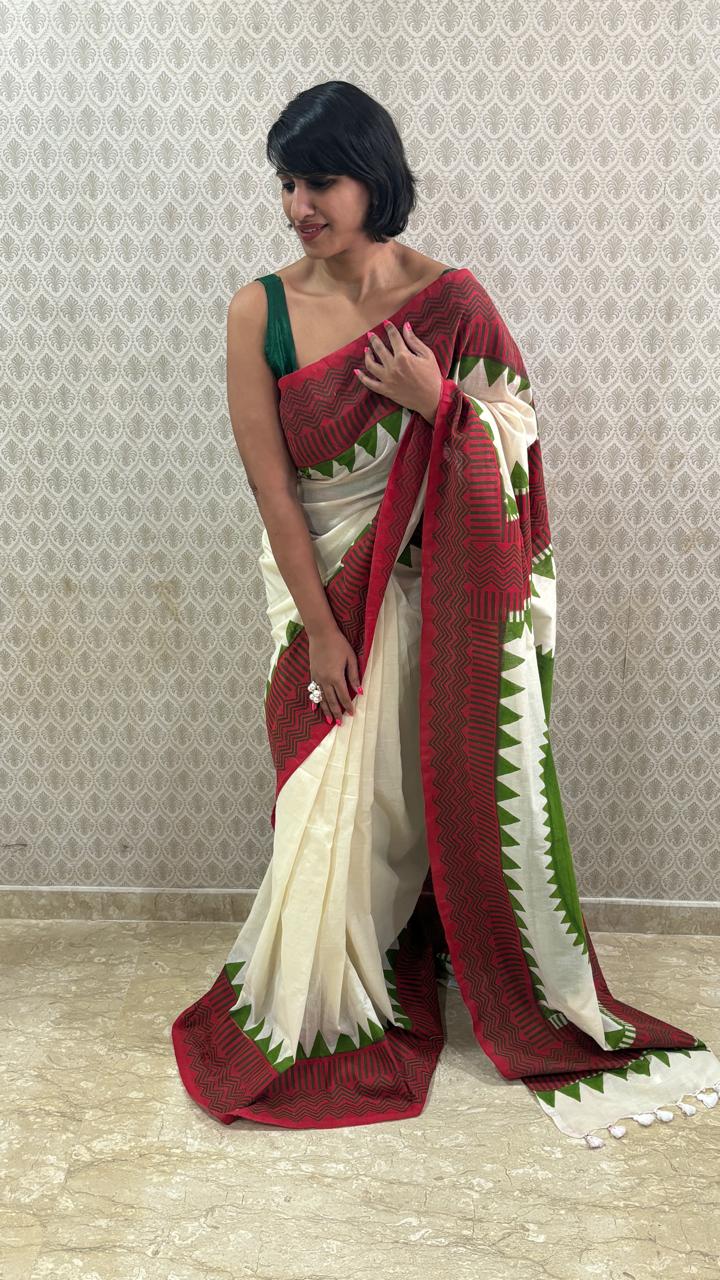 That Green Bindi Hand Block Cotton Saree | SHOBITAM