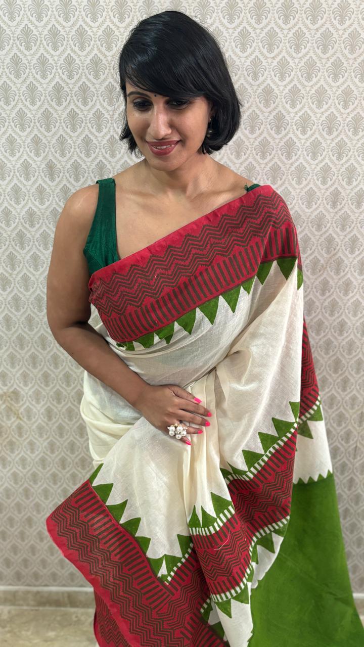 That Green Bindi Hand Block Cotton Saree | SHOBITAM