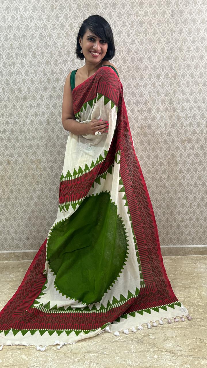 That Green Bindi Hand Block Cotton Saree | SHOBITAM