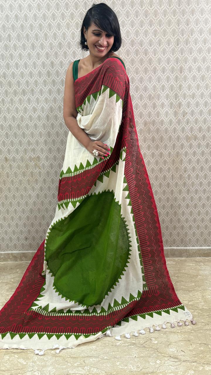 That Green Bindi Hand Block Cotton Saree | SHOBITAM