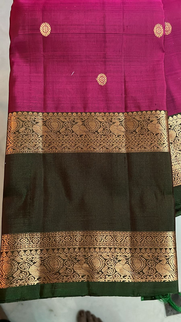 Vadamalli Purple Pure Kanjivaram Silk Saree with Dainty Buttas and Deep Green Gap Zari Border| SILK MARK CERTIFIED