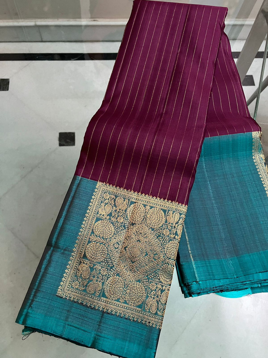 Plum Pure Kanjivaram Silk Saree with Zari Stripes and Contrast Teal Border | SILK MARK CERTIFIED