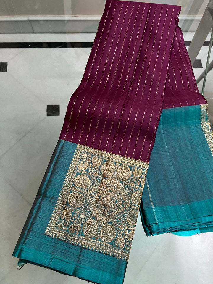Plum Pure Kanjivaram Silk Saree with Zari Stripes and Contrast Teal Border | SILK MARK CERTIFIED
