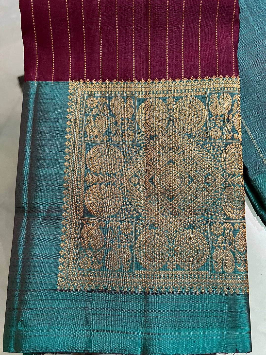 Plum Pure Kanjivaram Silk Saree with Zari Stripes and Contrast Teal Border | SILK MARK CERTIFIED