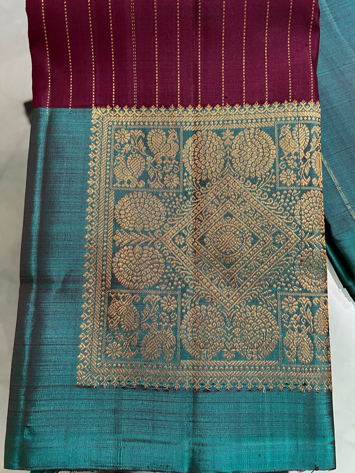 Plum Pure Kanjivaram Silk Saree with Zari Stripes and Contrast Teal Border | SILK MARK CERTIFIED