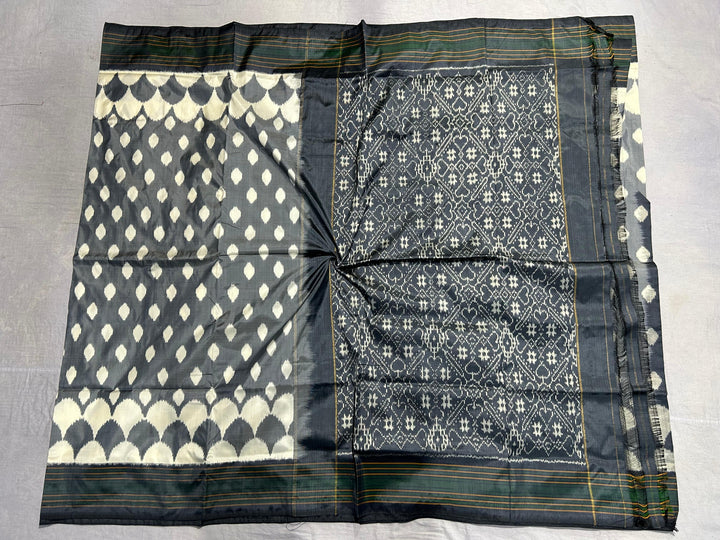 Gray and White Scalloped Design Pure Ikat Silk Saree| SILK MARK CERTIFIED