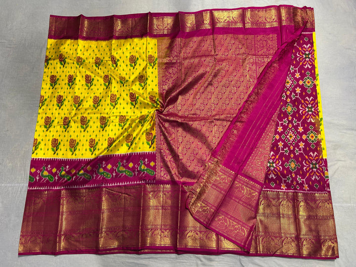 Rose Design Ikat Kanjivaram Pure Silk Handloom Saree in Yellow and Pink| SILK MARK CERTIFIED