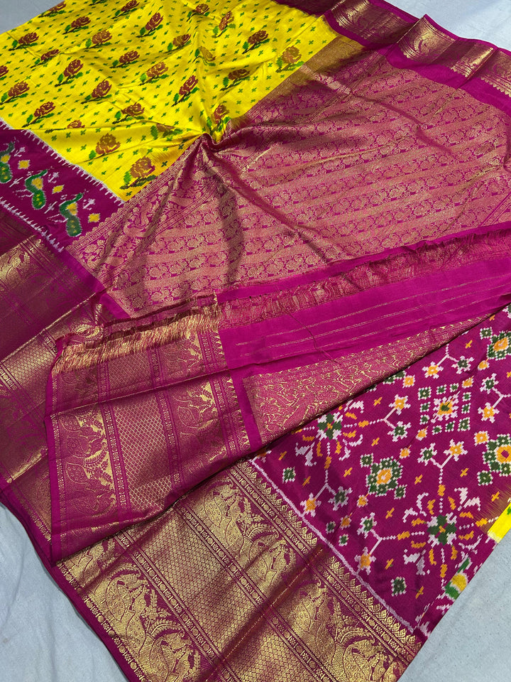 Rose Design Ikat Kanjivaram Pure Silk Handloom Saree in Yellow and Pink| SILK MARK CERTIFIED