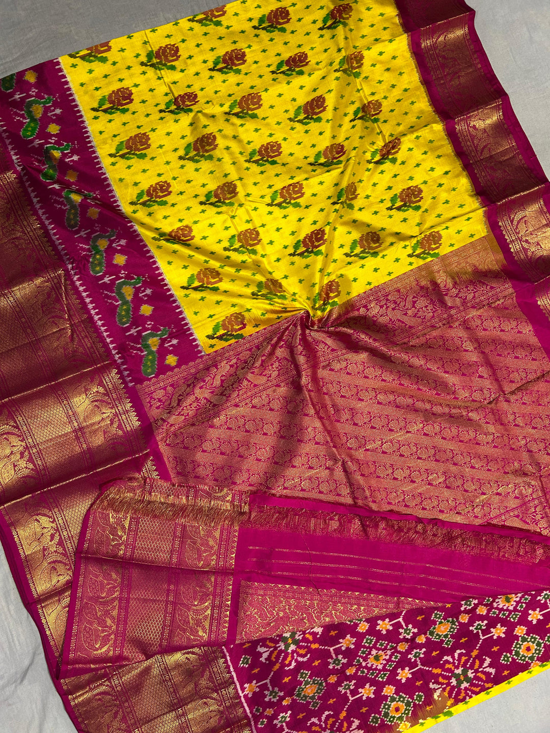 Rose Design Ikat Kanjivaram Pure Silk Handloom Saree in Yellow and Pink| SILK MARK CERTIFIED