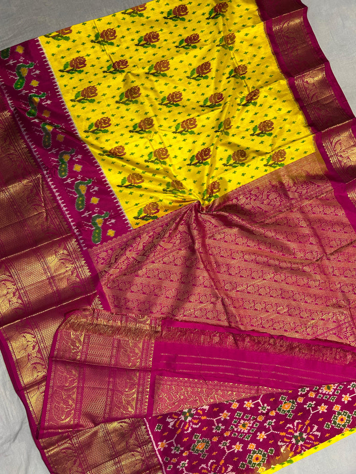 Rose Design Ikat Kanjivaram Pure Silk Handloom Saree in Yellow and Pink| SILK MARK CERTIFIED