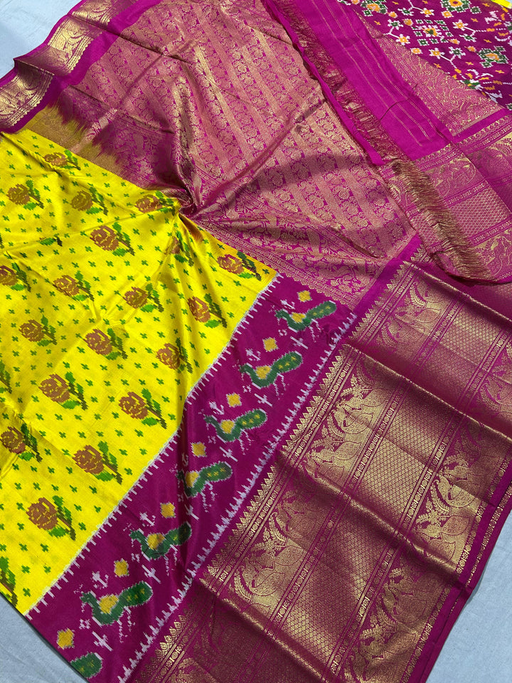 Rose Design Ikat Kanjivaram Pure Silk Handloom Saree in Yellow and Pink| SILK MARK CERTIFIED